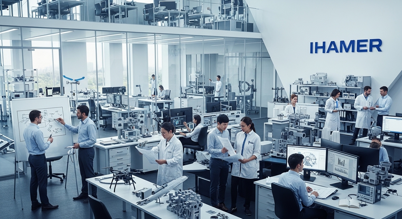 Engineers collaborating over a futuristic holographic display