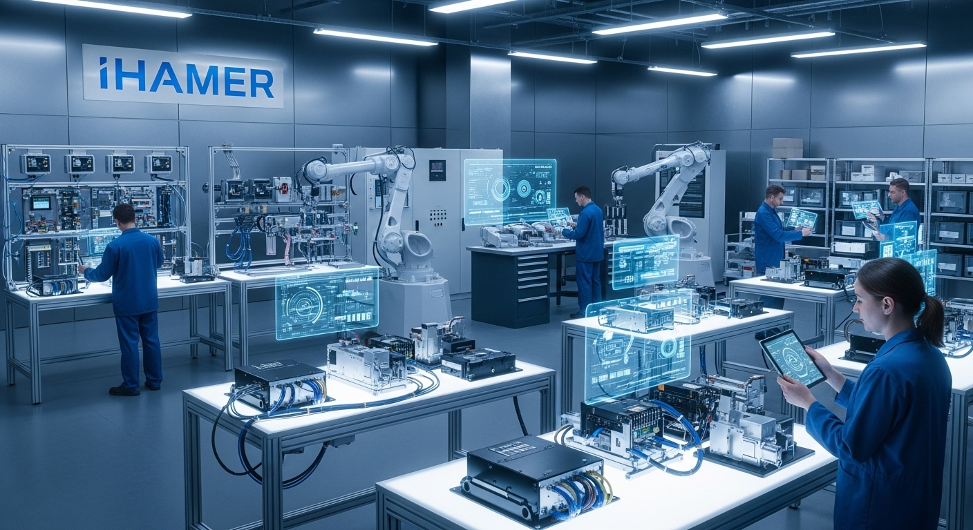 Robotic arms working on an assembly line for electronics