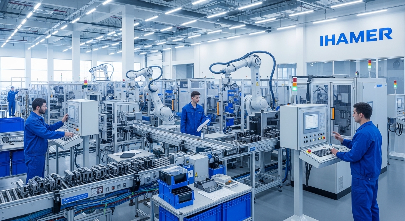 A modern, clean factory interior with automated machinery